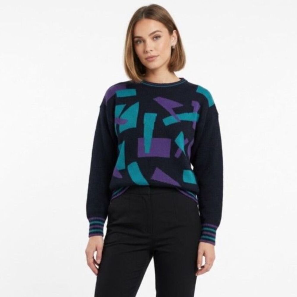 Xtrovert Women's Black Purple Teal Abstract Geo Vintage LS Crewneck Sweater Sz L